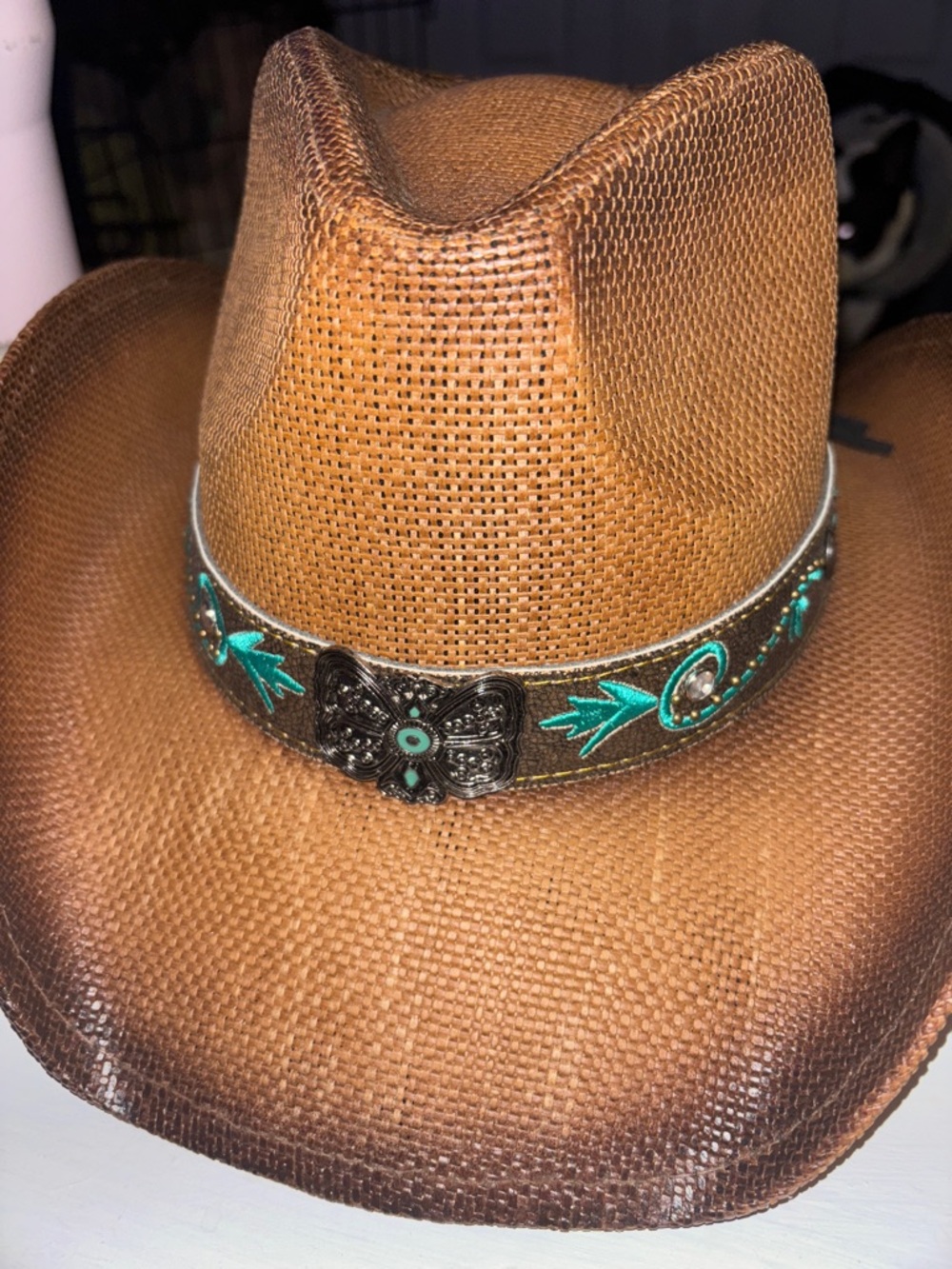 Brown Straw Western Hat with Turquoise Embroidered Band